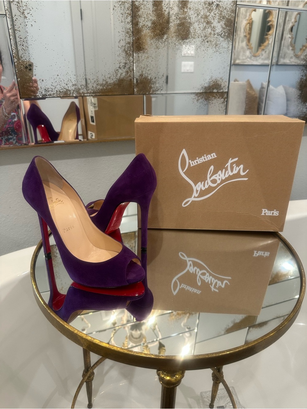 Christian Louboutin Purple Suede Peep-Toe Pumps with Red Soles